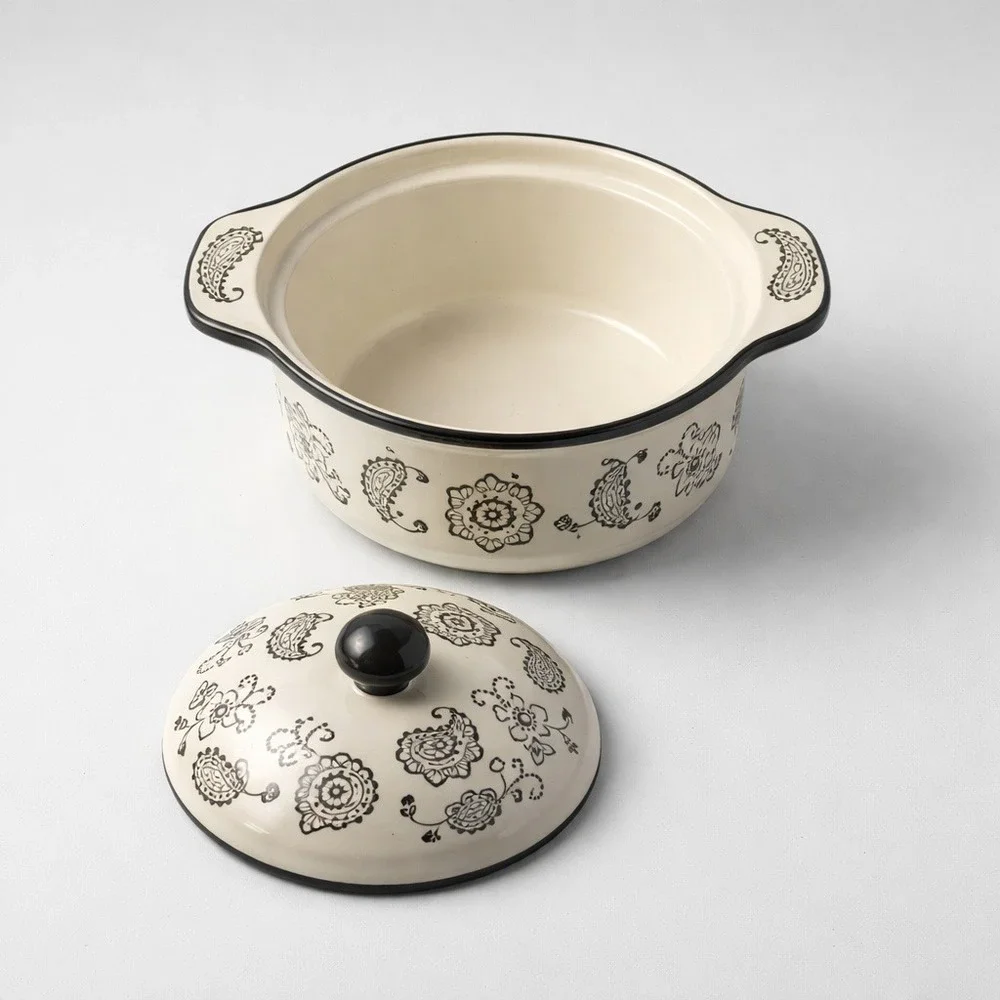 Temp-tations by Tara Paisley Ceramic Casserole Set 2.5QT 1QT Cream Black 5pc